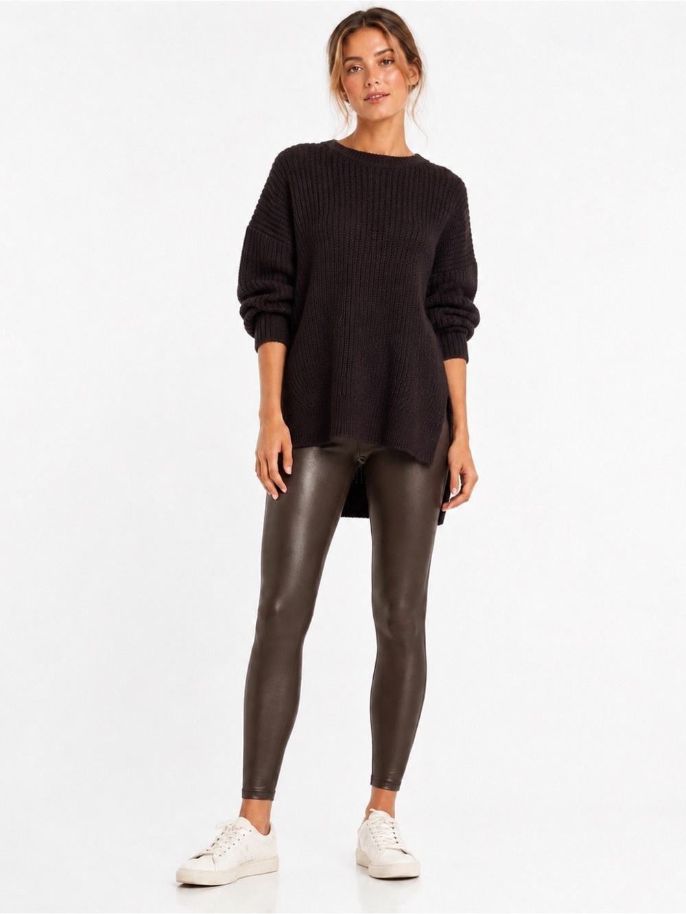 ATHLETA Merino Wool Blend Ribbed Sweater M Dark Chocolate High Low Tunic Cottage - Picture 3 of 14